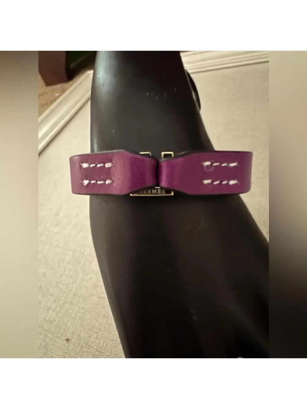 Purple leather bracelet band with gold tone hardware turnlock